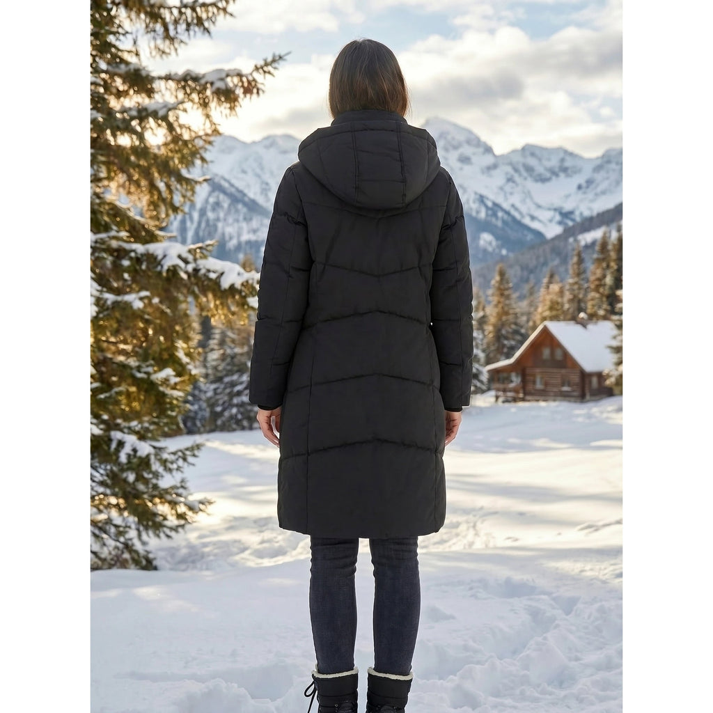 Women's Puffer Coat with Quilted Design Fleece-Lined Hood and Drawstring - Image 9