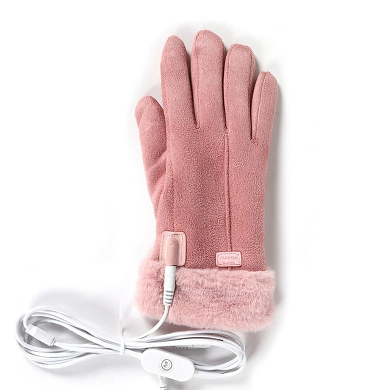 Women's Rechargeable Electric Heated Gloves with USB Power Faux Suede and Fur Trim - Image 1