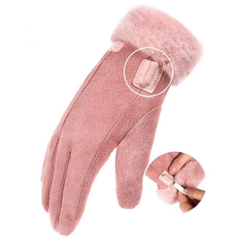 Women's Rechargeable Electric Heated Gloves with USB Power Faux Suede and Fur Trim - Image 3