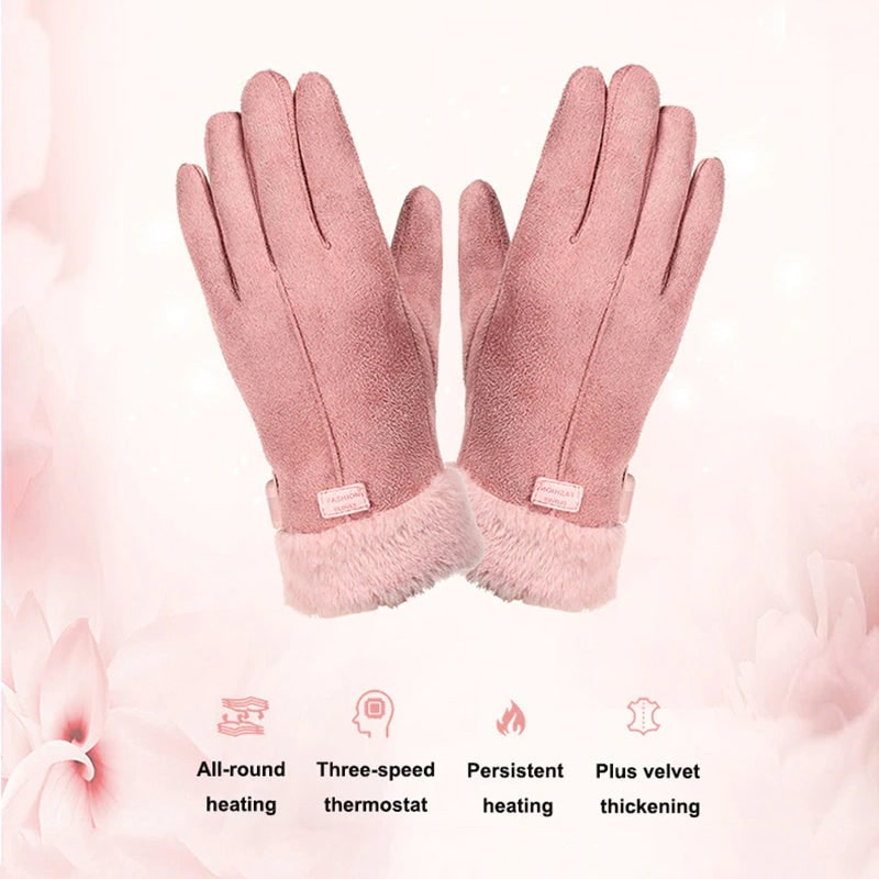 Women's Rechargeable Electric Heated Gloves with USB Power Faux Suede and Fur Trim - Image 8