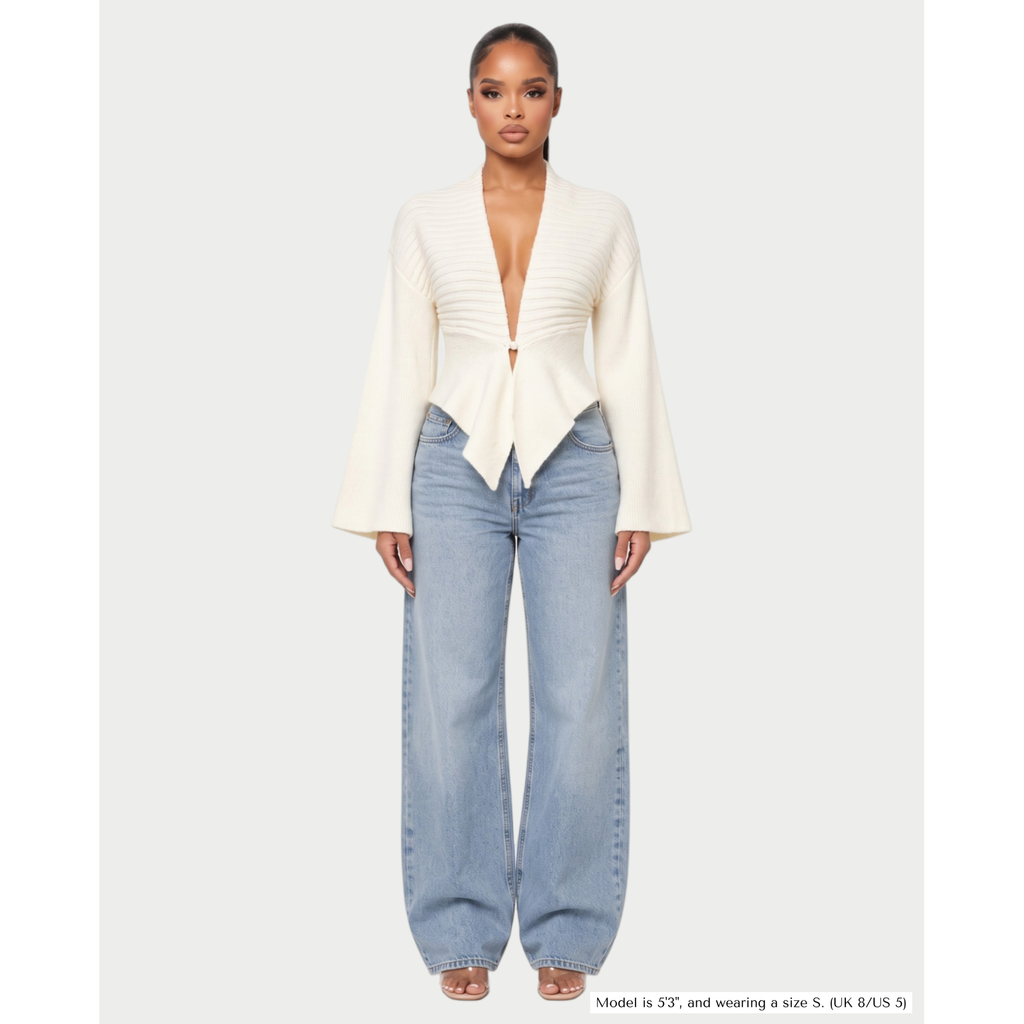Women's Ribbed Knit Cardigan with Flared Sleeves and Asymmetric Hem - Image 1
