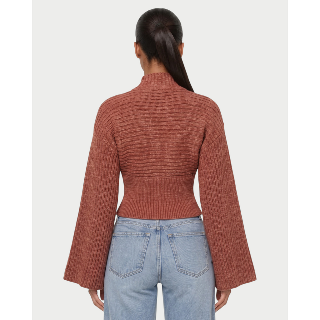 Women's Ribbed Knit Cardigan with Flared Sleeves and Asymmetric Hem - Image 10