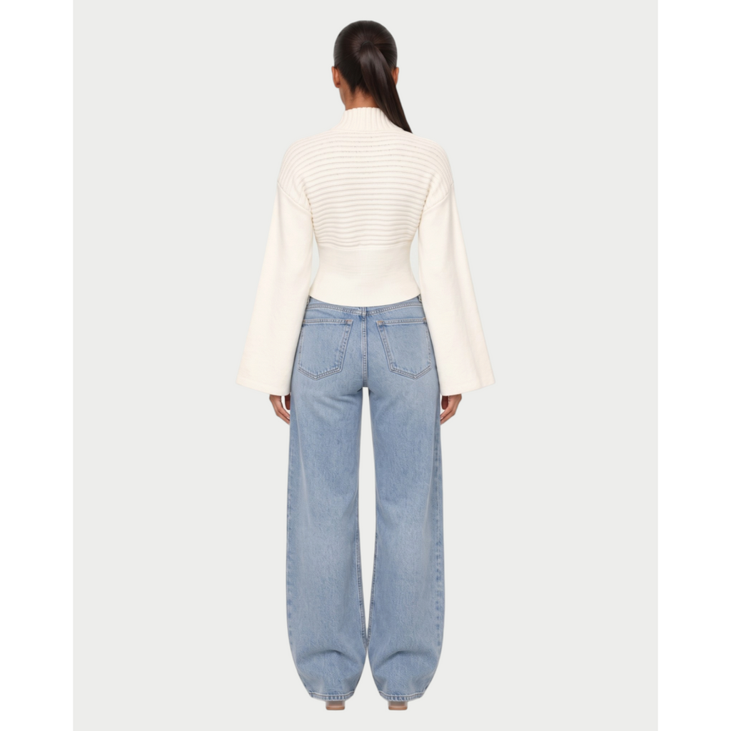 Women's Ribbed Knit Cardigan with Flared Sleeves and Asymmetric Hem - Image 2