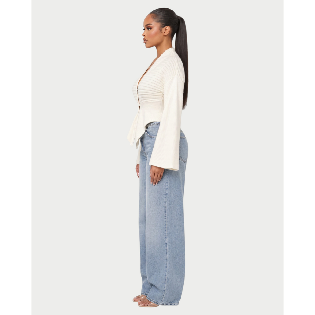 Women's Ribbed Knit Cardigan with Flared Sleeves and Asymmetric Hem - Image 3