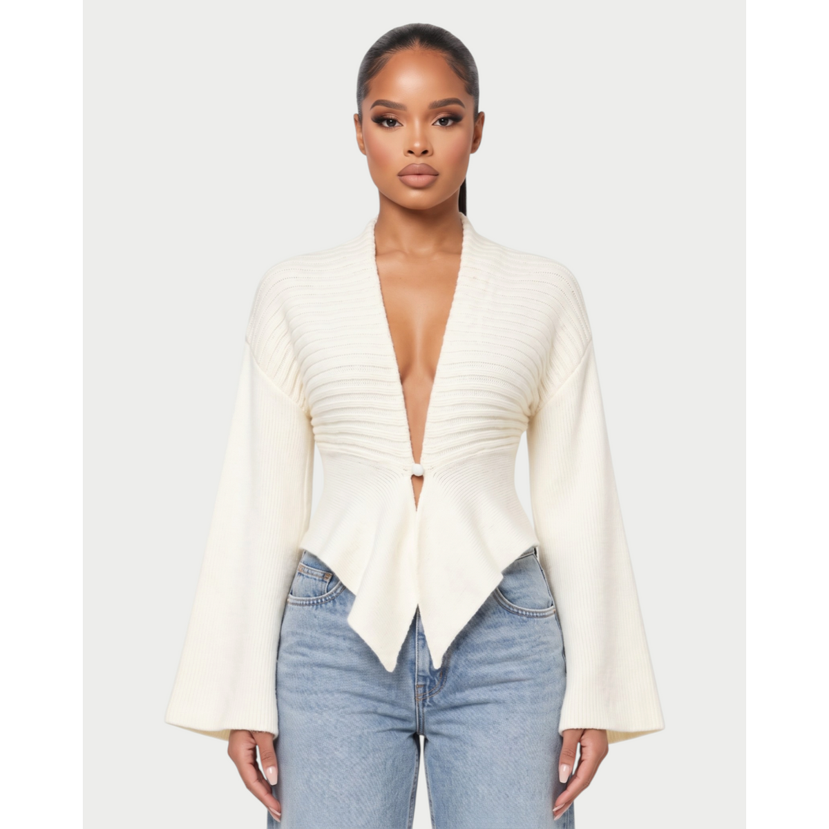 Women's Ribbed Knit Cardigan with Flared Sleeves and Asymmetric Hem - Image 4