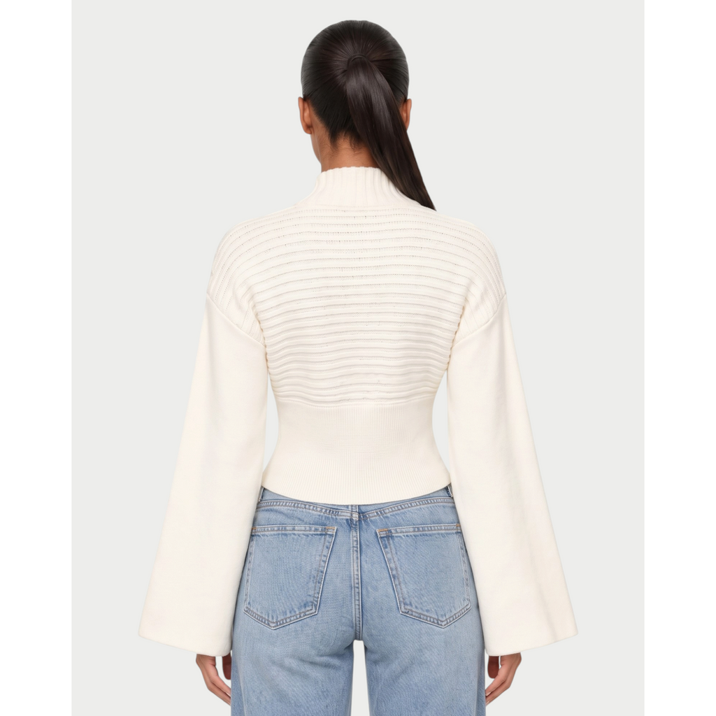 Women's Ribbed Knit Cardigan with Flared Sleeves and Asymmetric Hem - Image 5