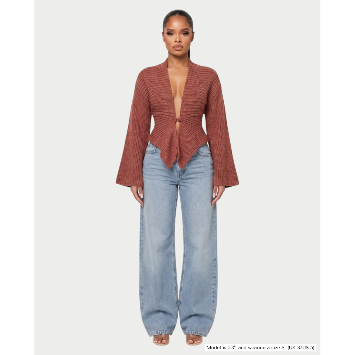 Women's Ribbed Knit Cardigan with Flared Sleeves and Asymmetric Hem - Image 6