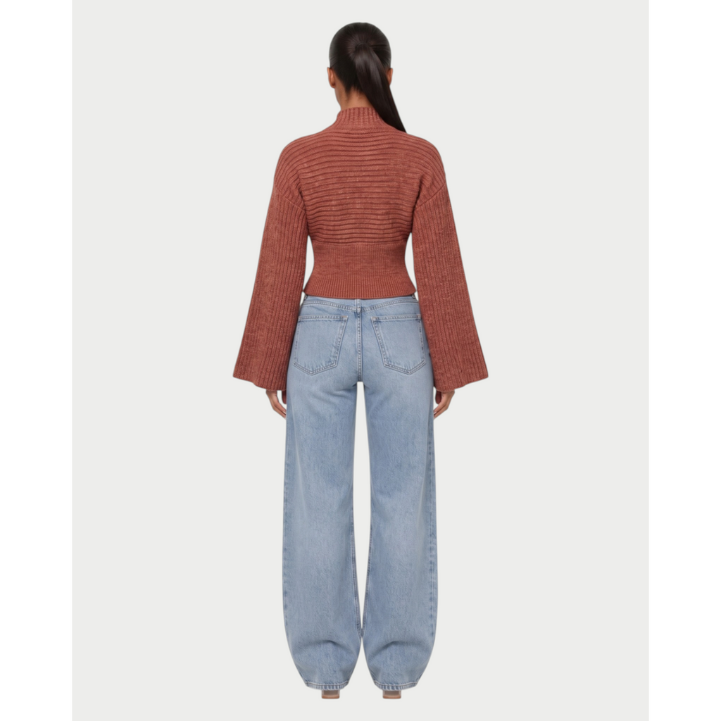Women's Ribbed Knit Cardigan with Flared Sleeves and Asymmetric Hem - Image 7