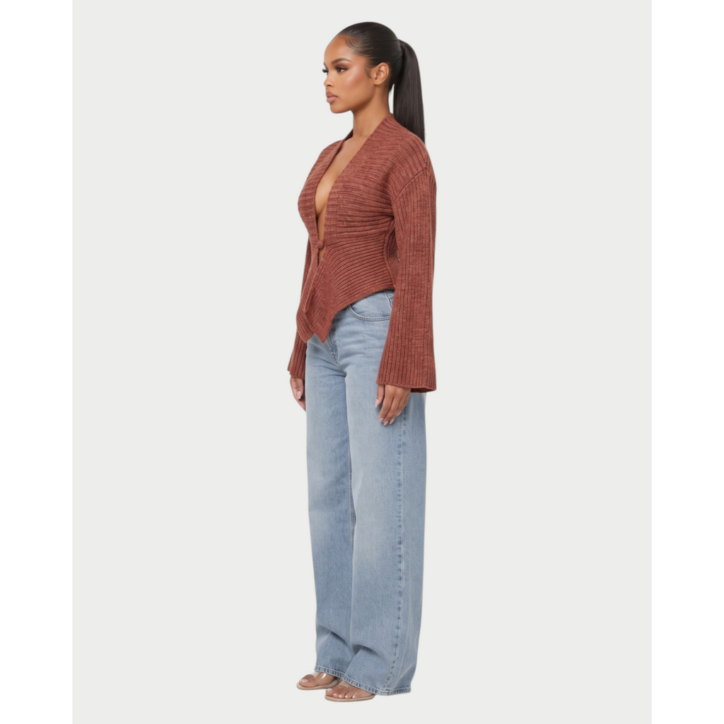 Women's Ribbed Knit Cardigan with Flared Sleeves and Asymmetric Hem - Image 8