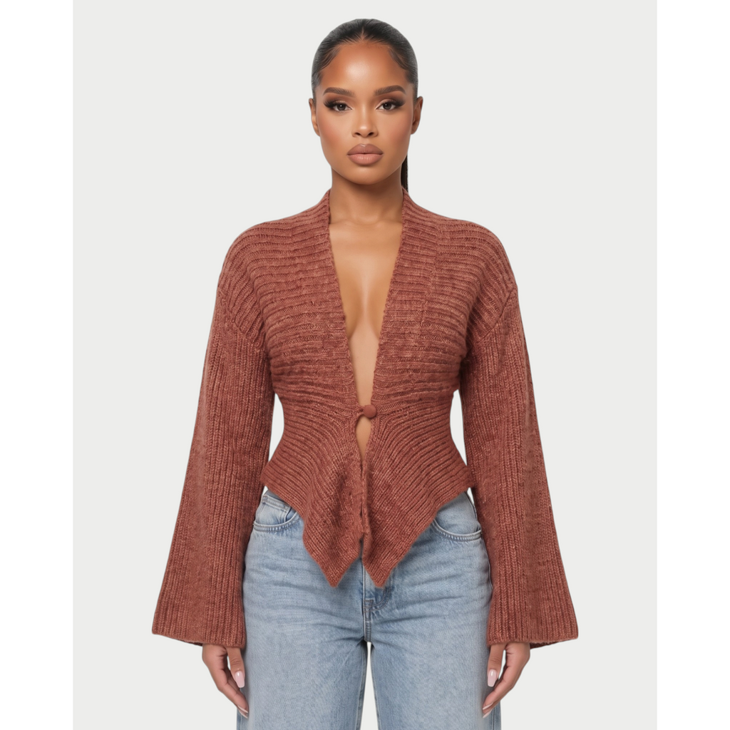 Women's Ribbed Knit Cardigan with Flared Sleeves and Asymmetric Hem - Image 9