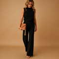 Women's Round Neck Mid Waist Wide Leg Elegant Jumpsuit — detail view