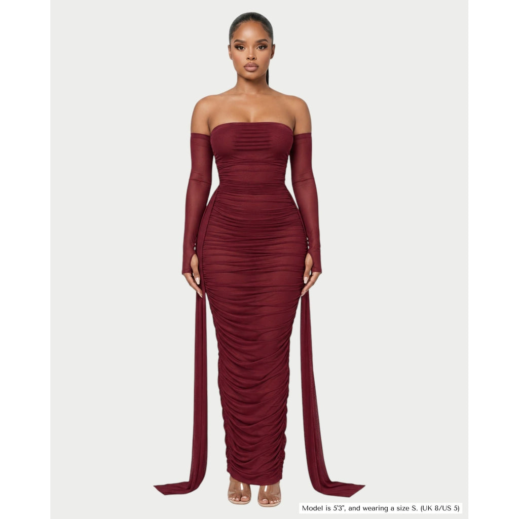 Women's Ruched Mesh Maxi Dress with Strapless Neckline and Long Sleeves - Image 1
