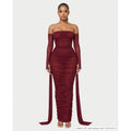 Women's Ruched Mesh Maxi Dress with Strapless Neckline and Long Sleeves - Image 1