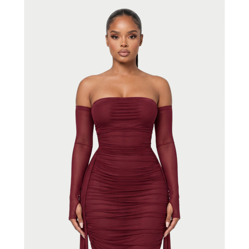 Women's Ruched Mesh Maxi Dress with Strapless Neckline and Long Sleeves - Image 4