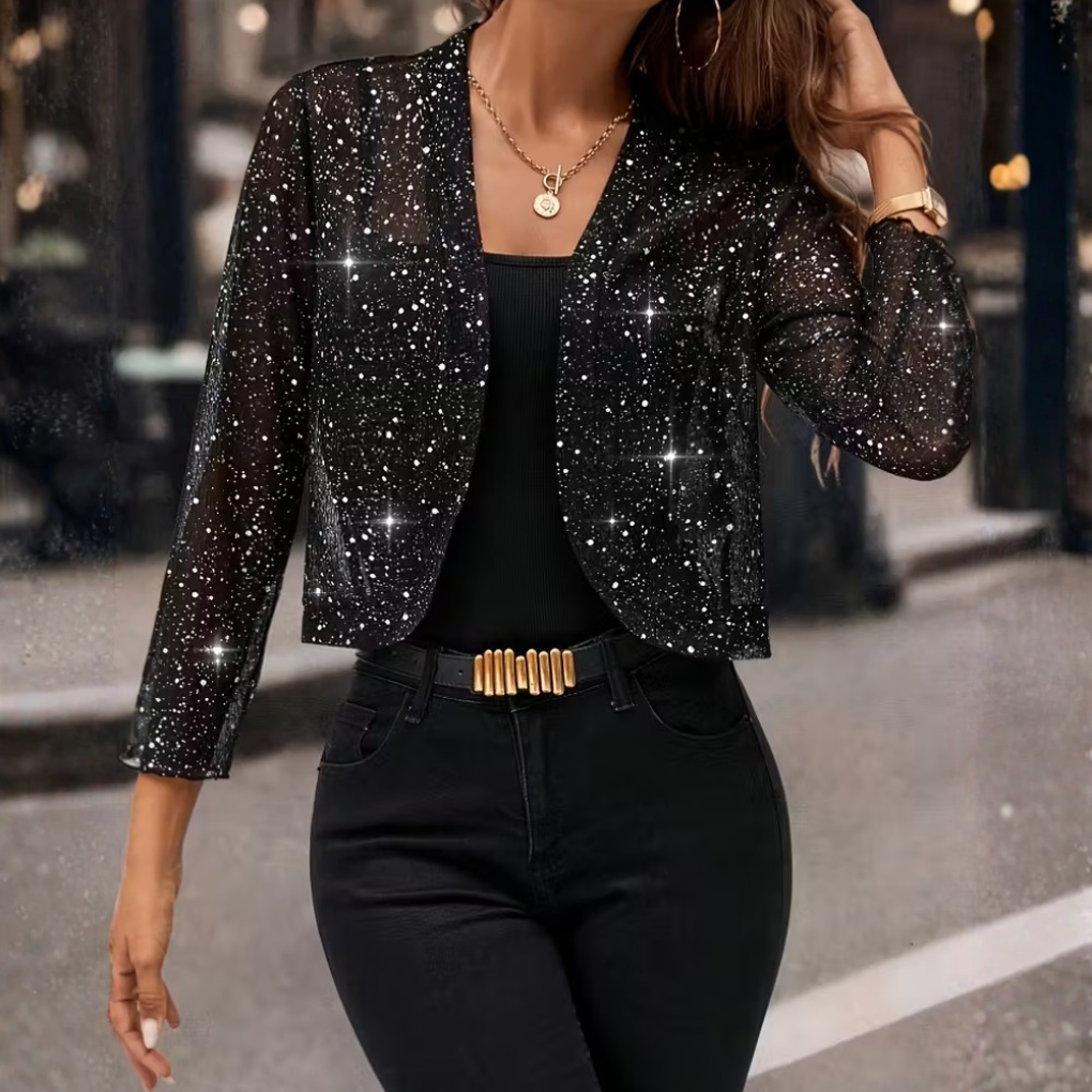 Women's Sequin Bolero Shrug with Long Sleeves Open Front Cropped Mesh - Image 2