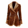 Women's Shearling Jacket with Faux Suede and Fur Trim Fitted Coat - Image 1