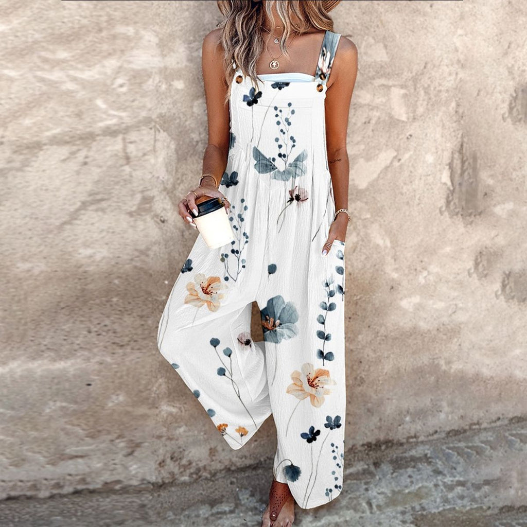 Women's Sleeveless Floral Print Wide Leg Overalls Jumpsuit