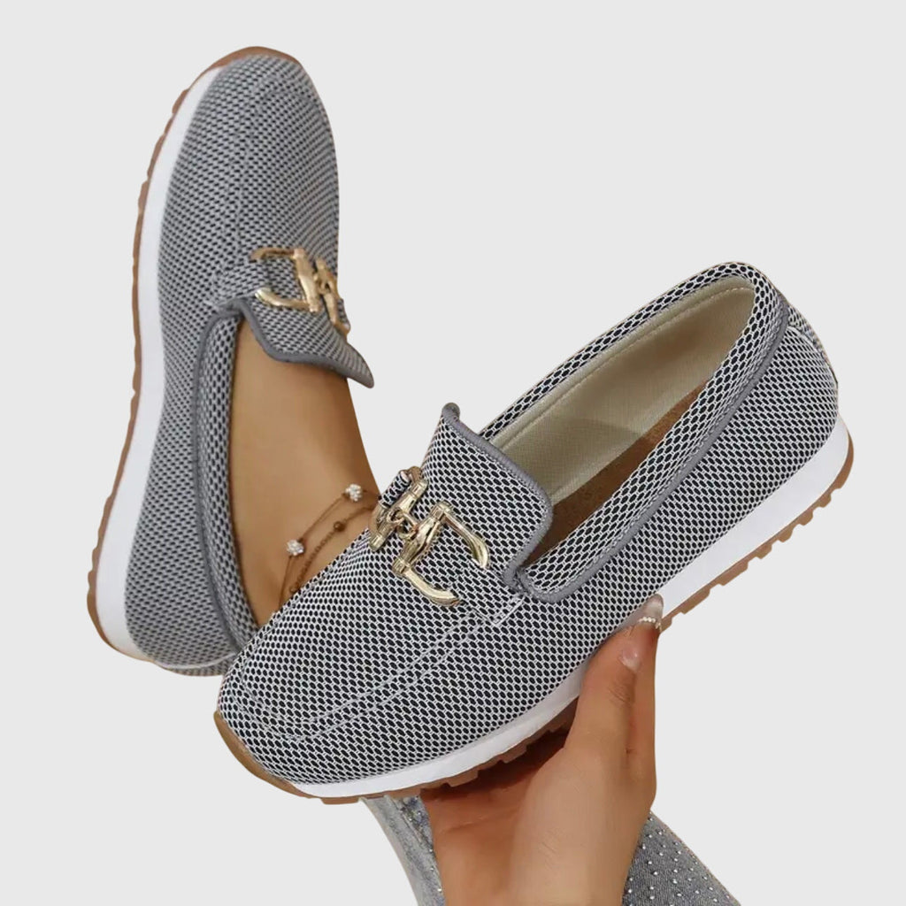 Women's Slip-On Loafers with Metal Buckle Detail — close-up