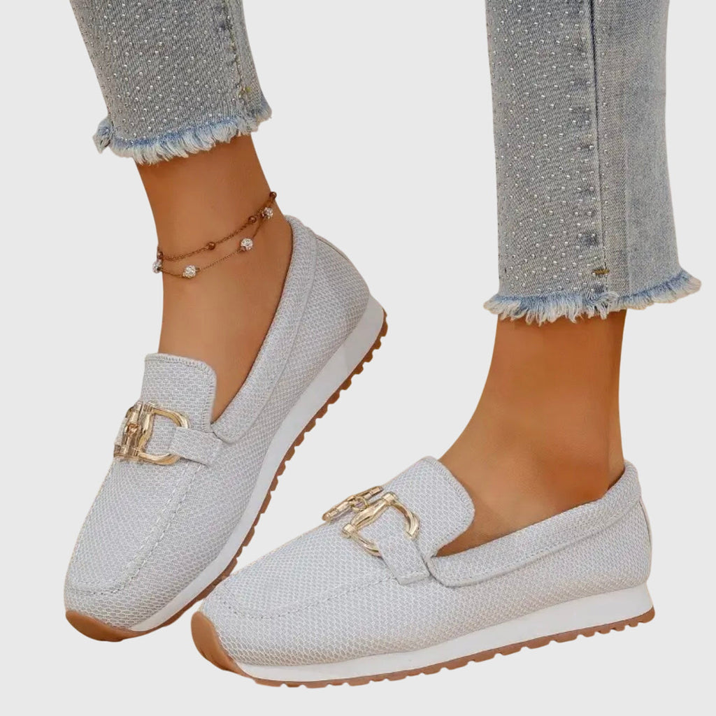 Women's Slip-On Loafers with Metal Buckle Detail — fabric detail