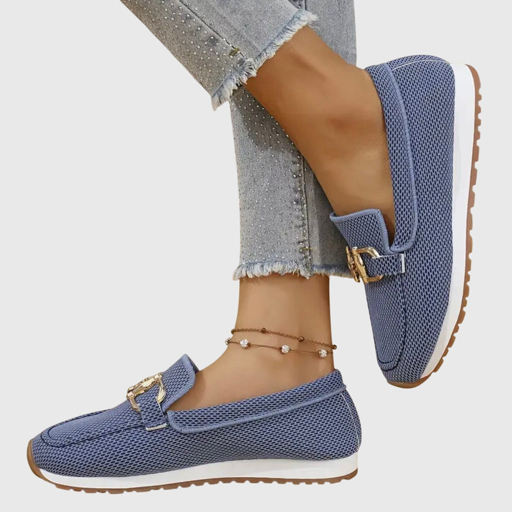 Women's Slip-On Loafers with Metal Buckle Detail — model wearing