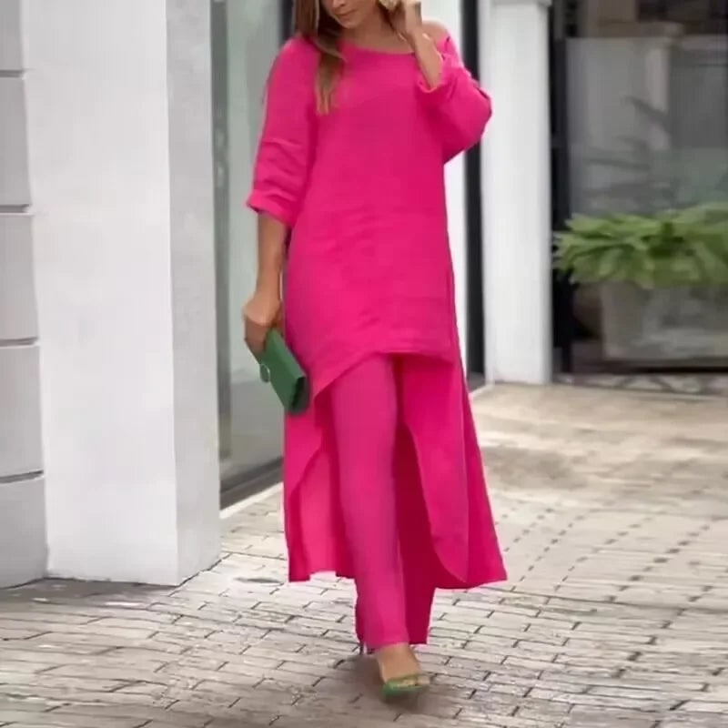 Womens Two Piece Matching Pants Set Linen Long Sleeve Tunic Oversized - Image 2