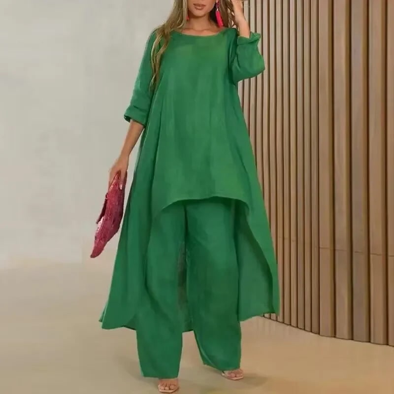 Womens Two Piece Matching Pants Set Linen Long Sleeve Tunic Oversized - Image 3