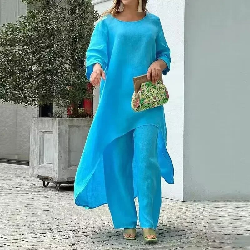 Womens Two Piece Matching Pants Set Linen Long Sleeve Tunic Oversized - Image 4