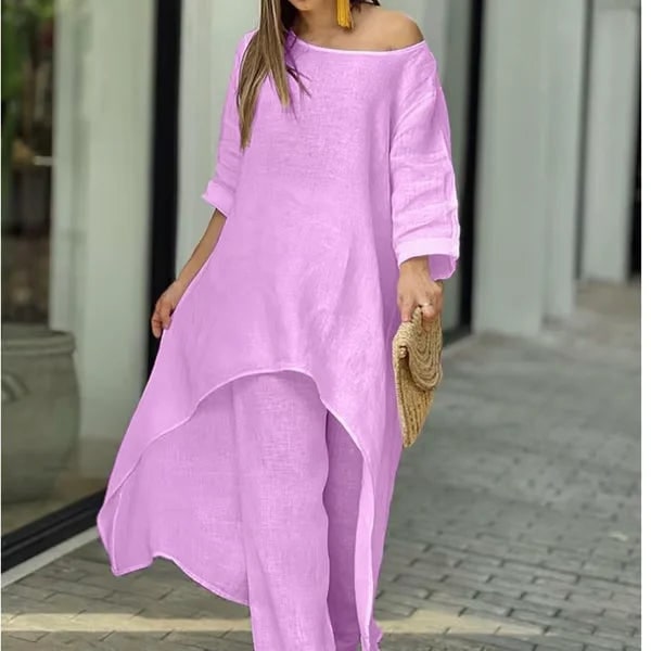 Womens Two Piece Matching Pants Set Linen Long Sleeve Tunic Oversized - Image 5