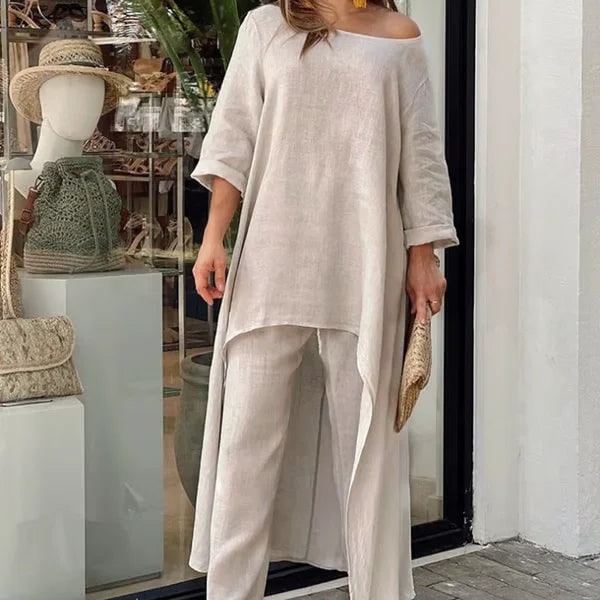 Womens Two Piece Matching Pants Set Linen Long Sleeve Tunic Oversized - Image 6