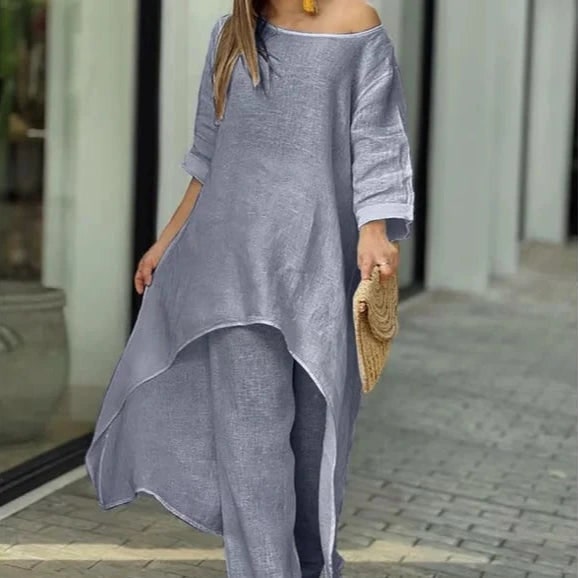Womens Two Piece Matching Pants Set Linen Long Sleeve Tunic Oversized - Image 7