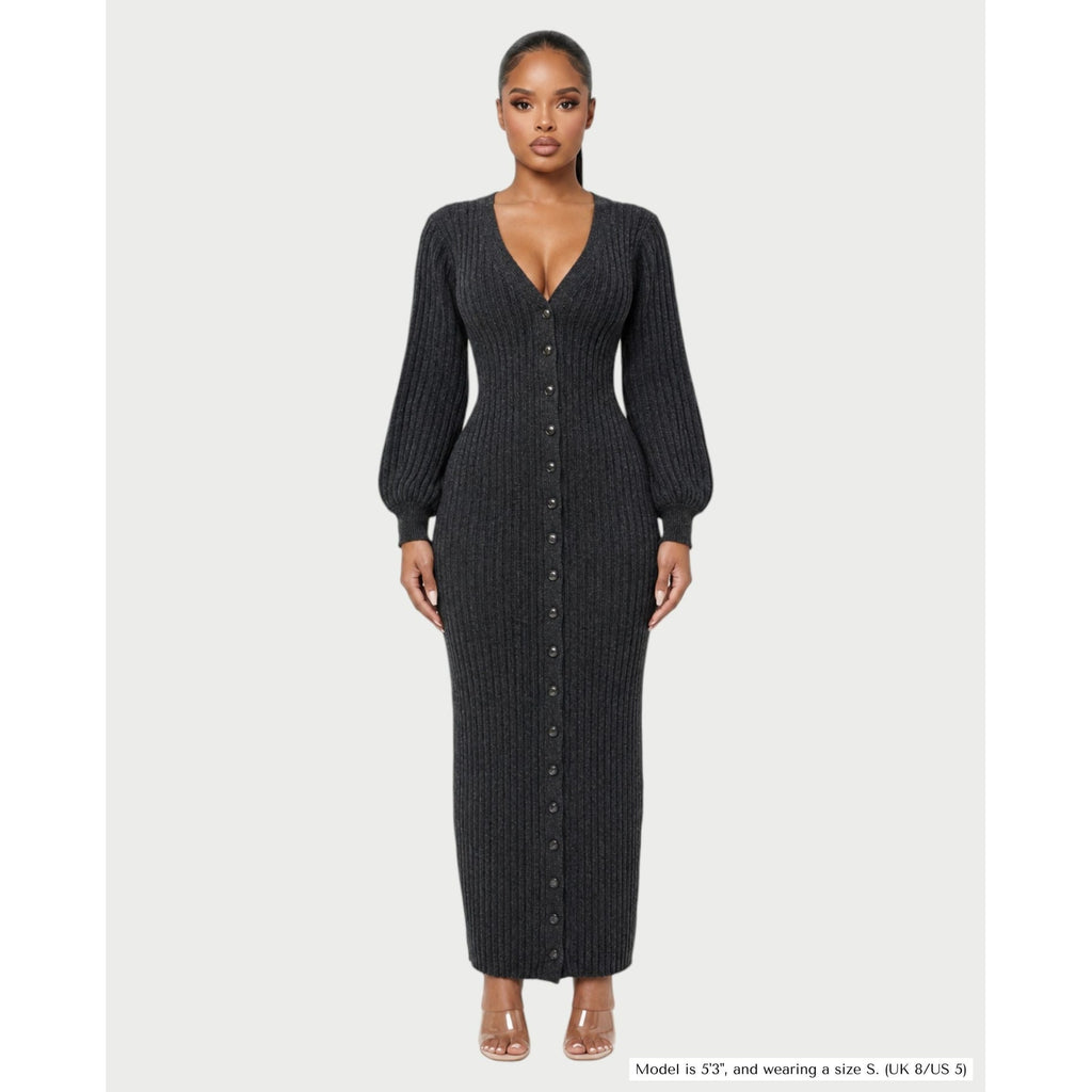 Women's V-Neck Ribbed Knit Maxi Dress with Button Front and Balloon Sleeves - Image 1