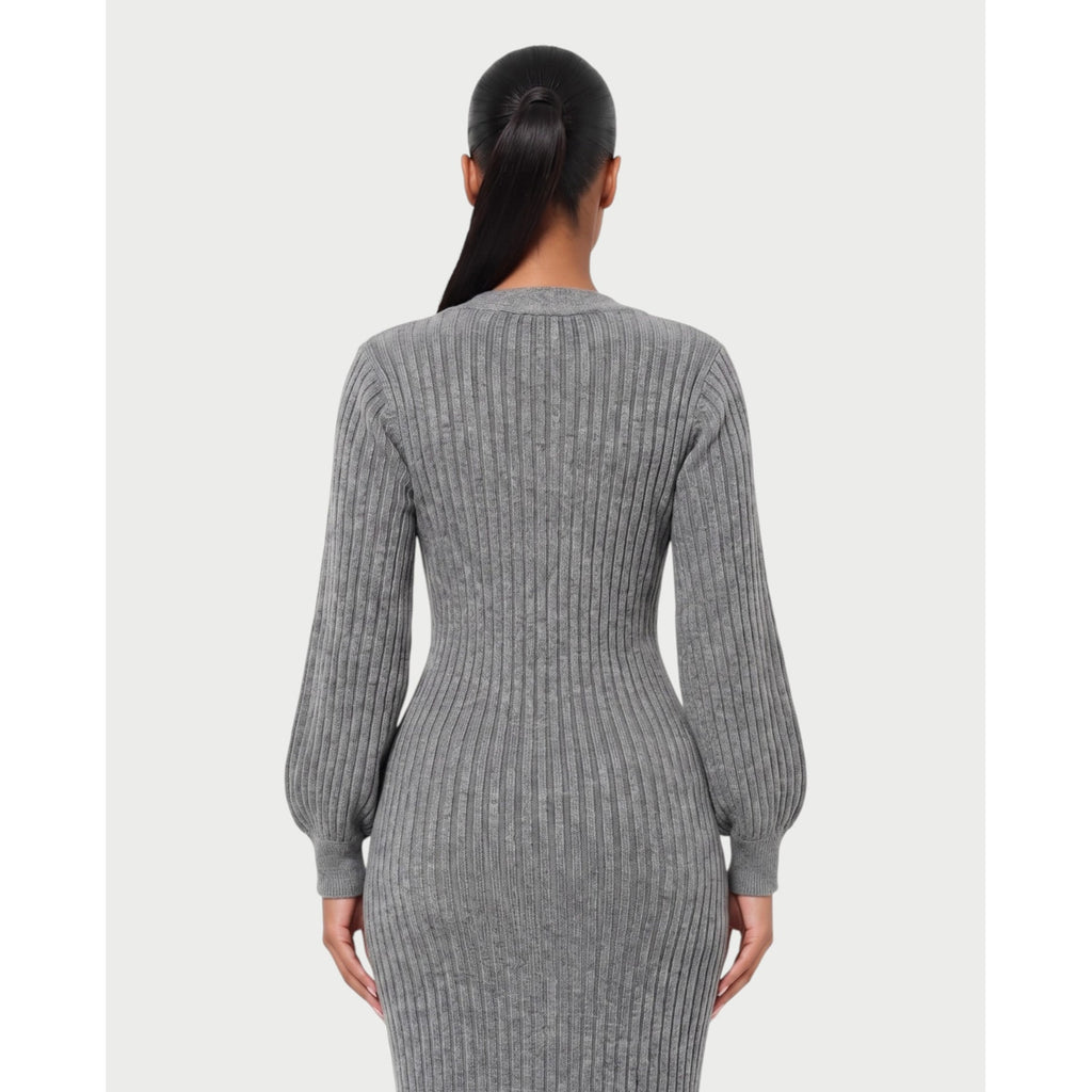 Women's V-Neck Ribbed Knit Maxi Dress with Button Front and Balloon Sleeves - Image 10