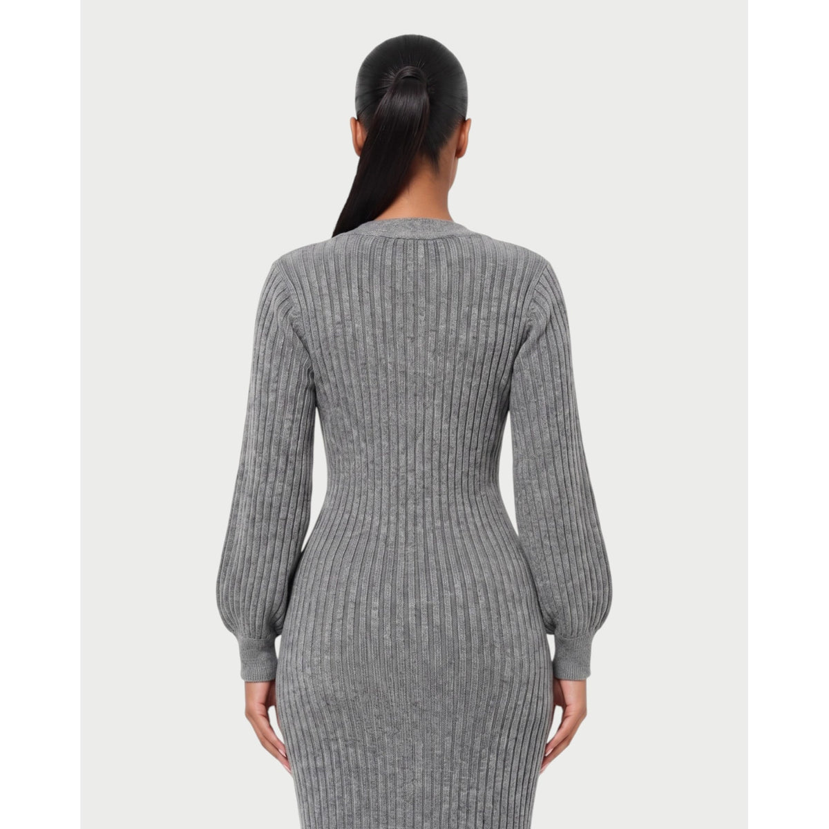 Women's V-Neck Ribbed Knit Maxi Dress with Button Front and Balloon Sleeves - Image 10