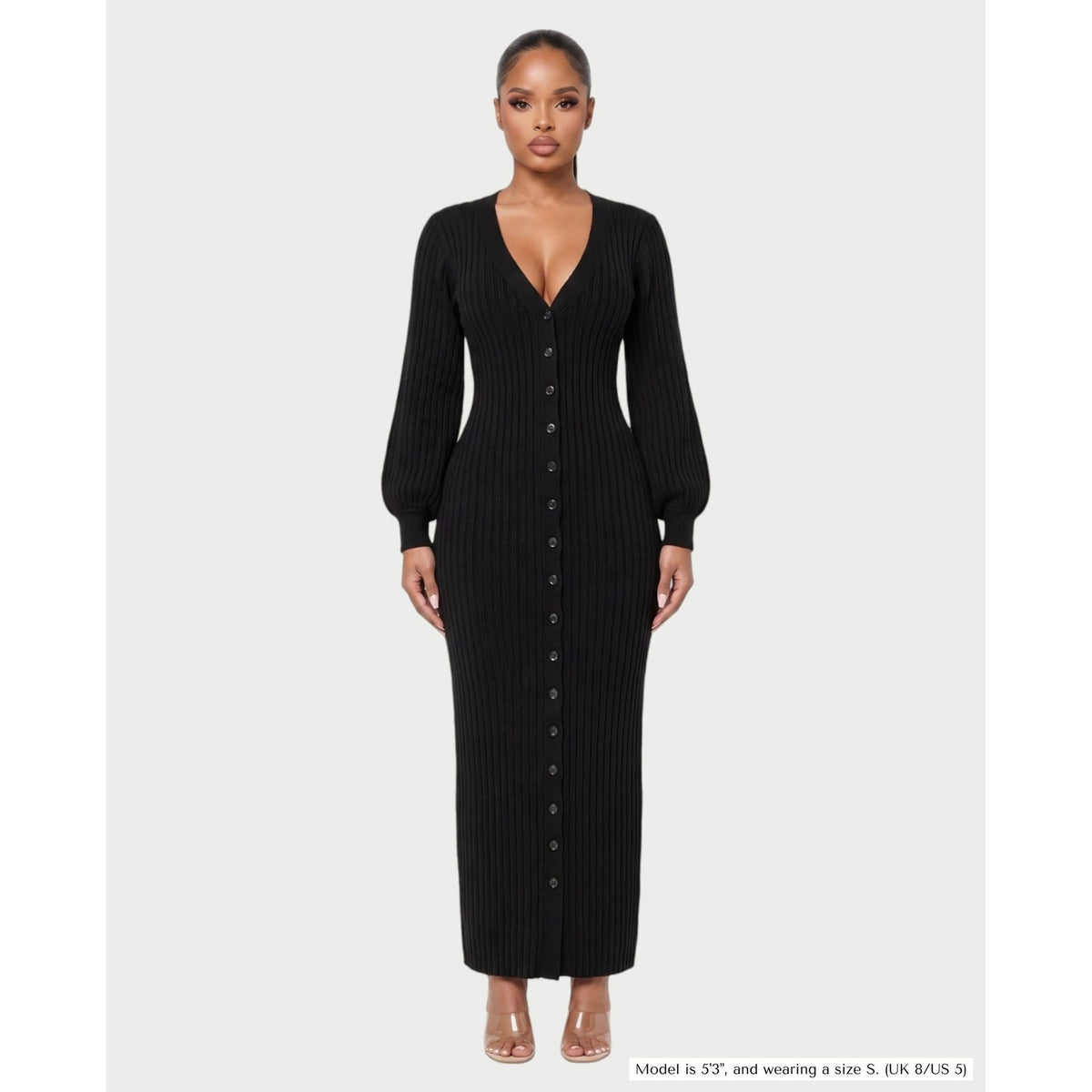 Women's V-Neck Ribbed Knit Maxi Dress with Button Front and Balloon Sleeves - Image 11