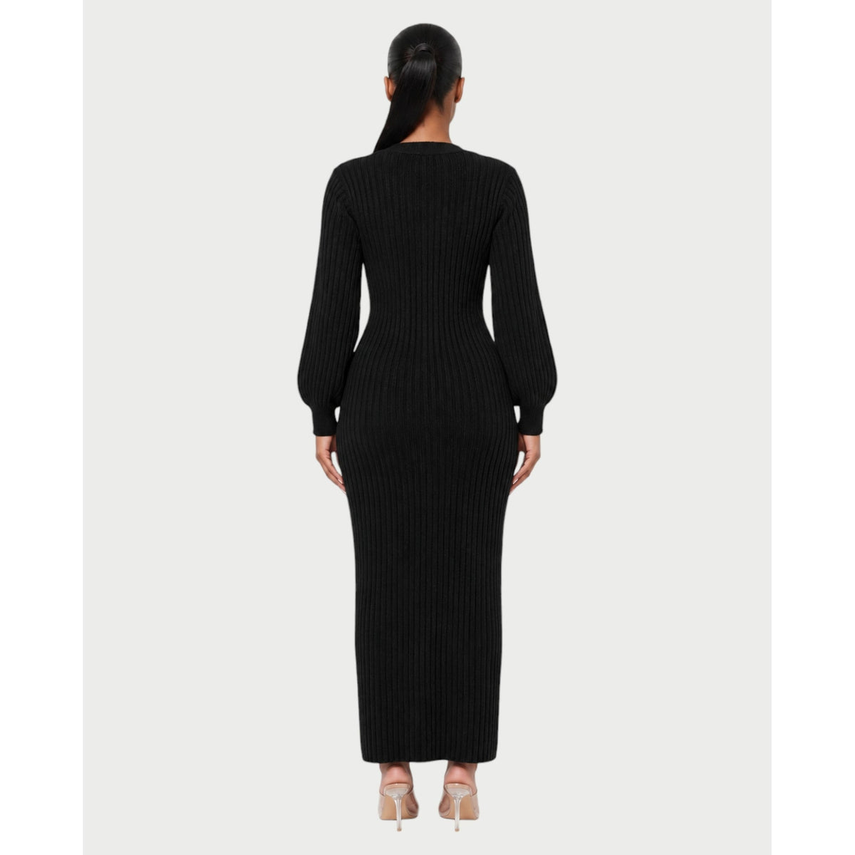 Women's V-Neck Ribbed Knit Maxi Dress with Button Front and Balloon Sleeves - Image 12