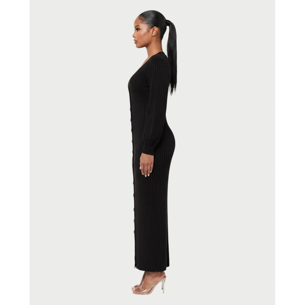 Women's V-Neck Ribbed Knit Maxi Dress with Button Front and Balloon Sleeves - Image 13