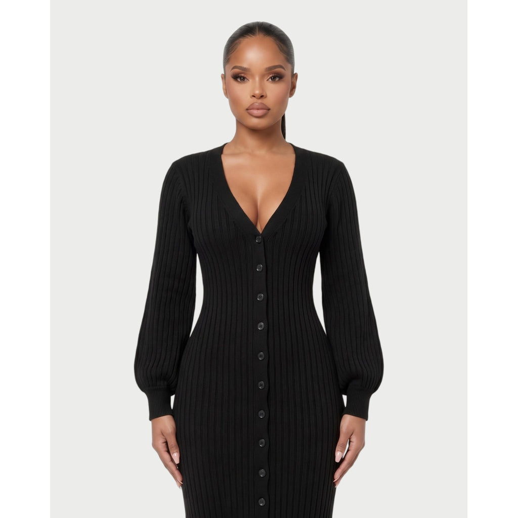 Women's V-Neck Ribbed Knit Maxi Dress with Button Front and Balloon Sleeves - Image 14