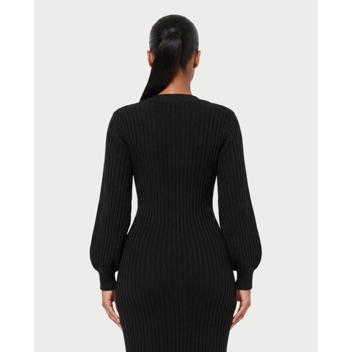 Women's V-Neck Ribbed Knit Maxi Dress with Button Front and Balloon Sleeves - Image 15
