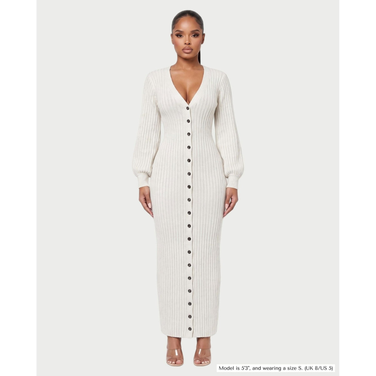 Women's V-Neck Ribbed Knit Maxi Dress with Button Front and Balloon Sleeves - Image 16