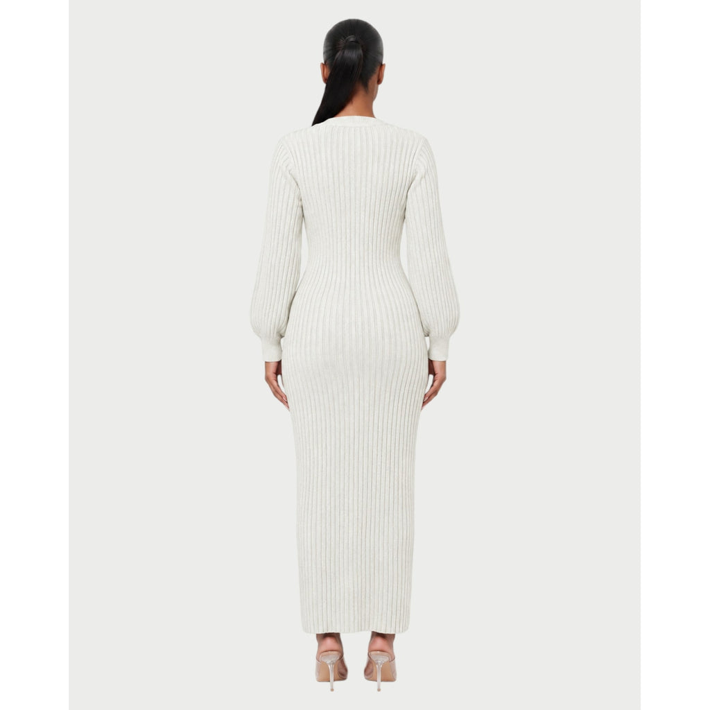 Women's V-Neck Ribbed Knit Maxi Dress with Button Front and Balloon Sleeves - Image 17