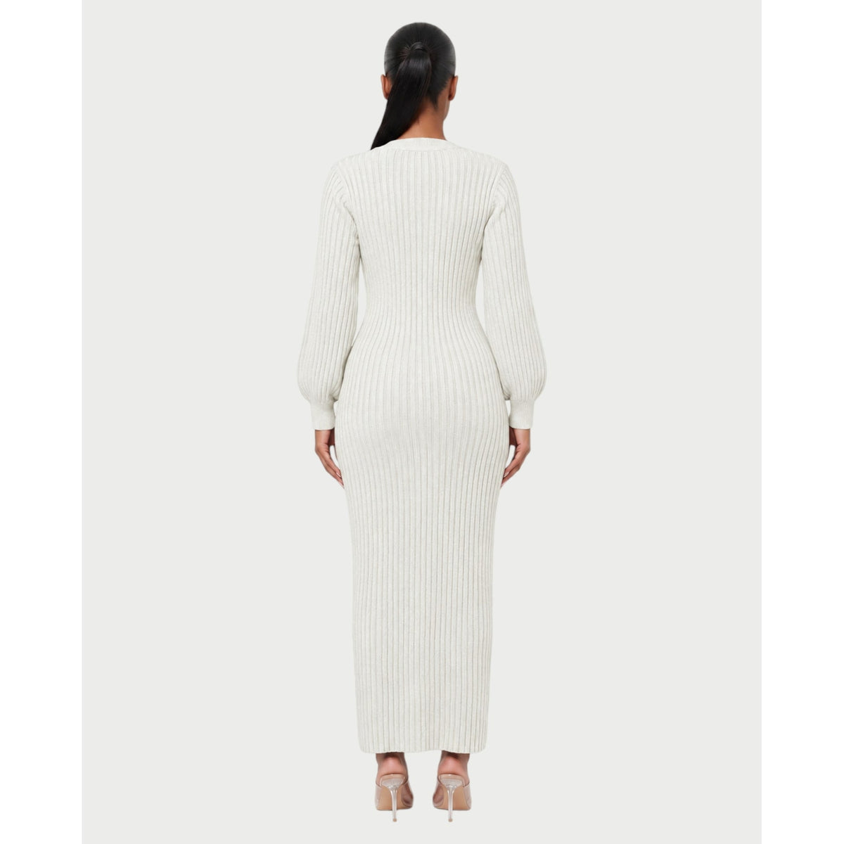 Women's V-Neck Ribbed Knit Maxi Dress with Button Front and Balloon Sleeves - Image 17