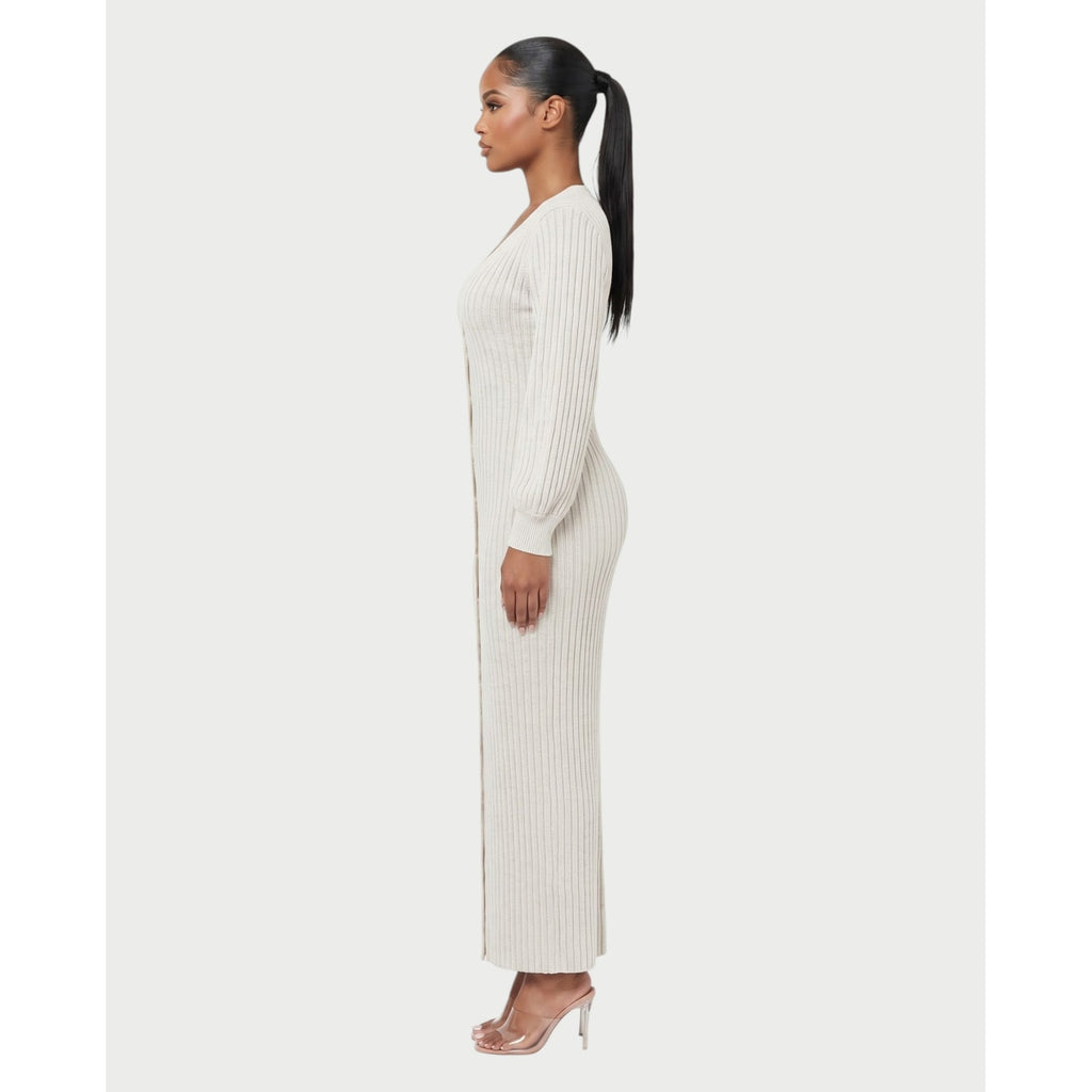 Women's V-Neck Ribbed Knit Maxi Dress with Button Front and Balloon Sleeves - Image 18