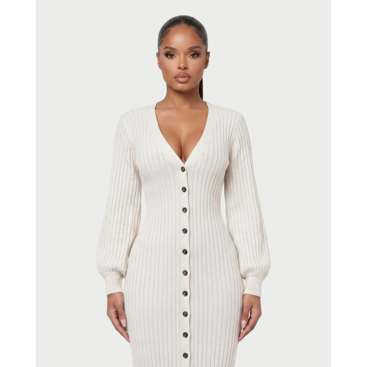 Women's V-Neck Ribbed Knit Maxi Dress with Button Front and Balloon Sleeves - Image 19
