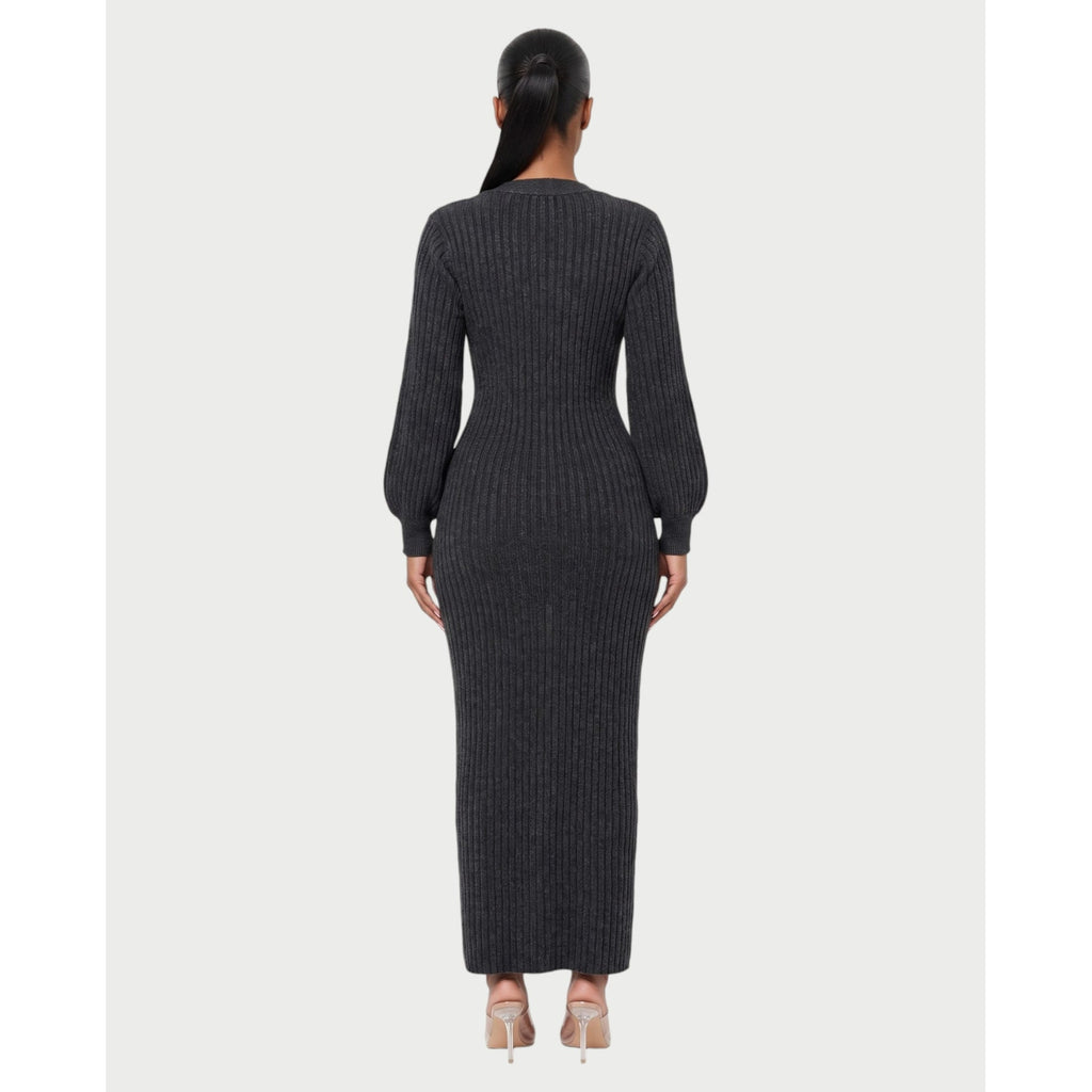 Women's V-Neck Ribbed Knit Maxi Dress with Button Front and Balloon Sleeves - Image 2