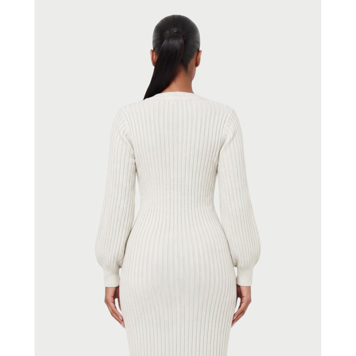 Women's V-Neck Ribbed Knit Maxi Dress with Button Front and Balloon Sleeves - Image 20