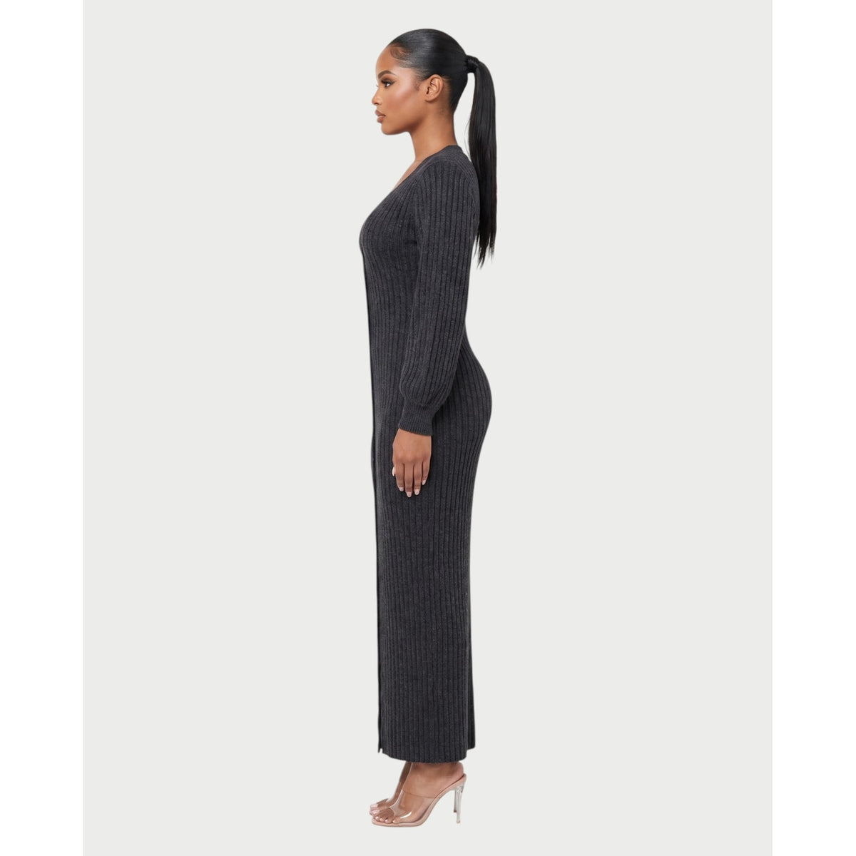 Women's V-Neck Ribbed Knit Maxi Dress with Button Front and Balloon Sleeves - Image 3