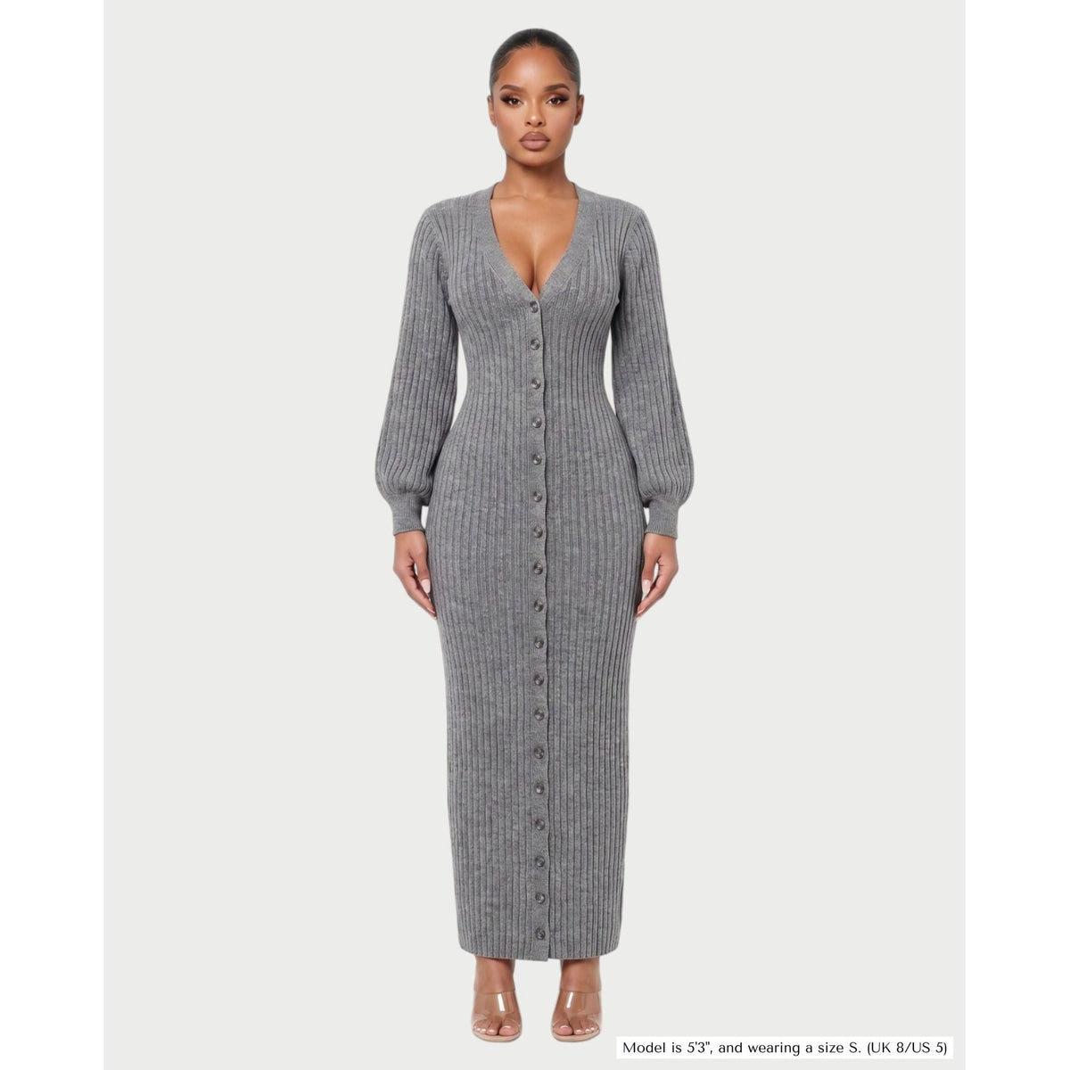 Women's V-Neck Ribbed Knit Maxi Dress with Button Front and Balloon Sleeves - Image 6
