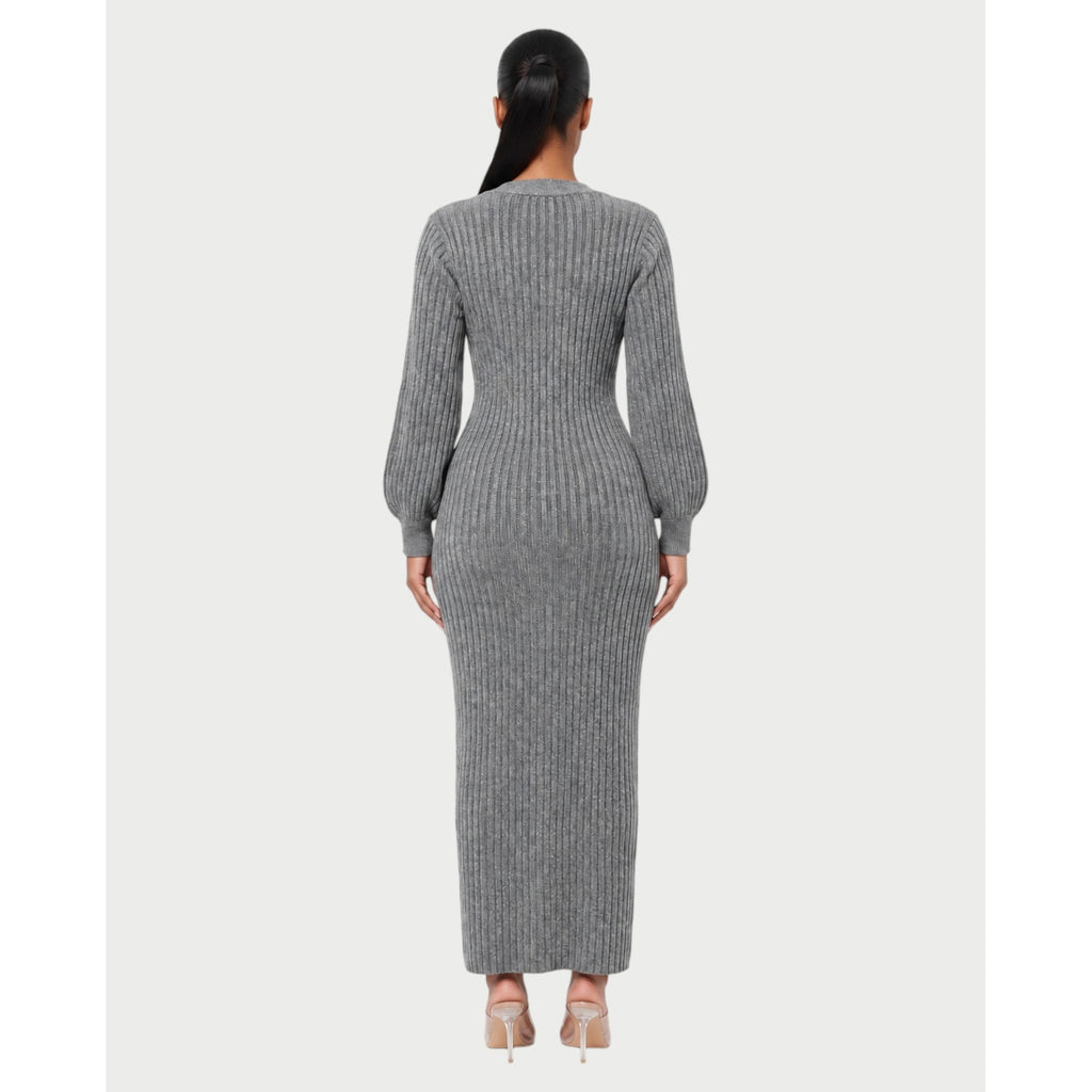 Women's V-Neck Ribbed Knit Maxi Dress with Button Front and Balloon Sleeves - Image 7