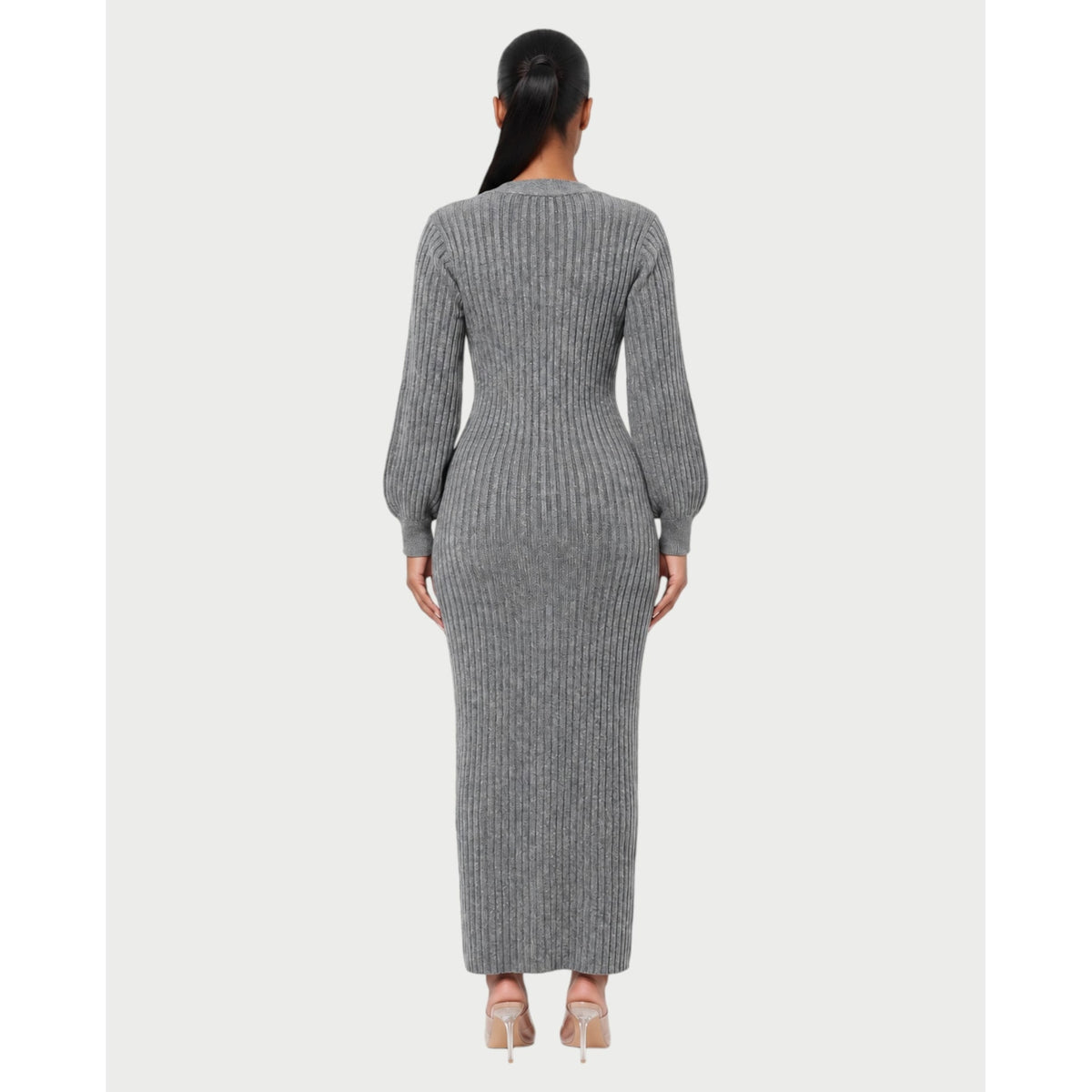 Women's V-Neck Ribbed Knit Maxi Dress with Button Front and Balloon Sleeves - Image 7