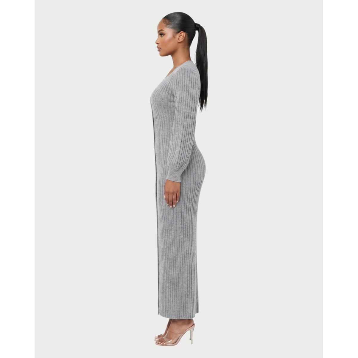 Women's V-Neck Ribbed Knit Maxi Dress with Button Front and Balloon Sleeves - Image 8